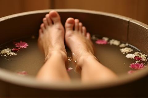 Feet soaking in a luxurious spa bowl with flowers